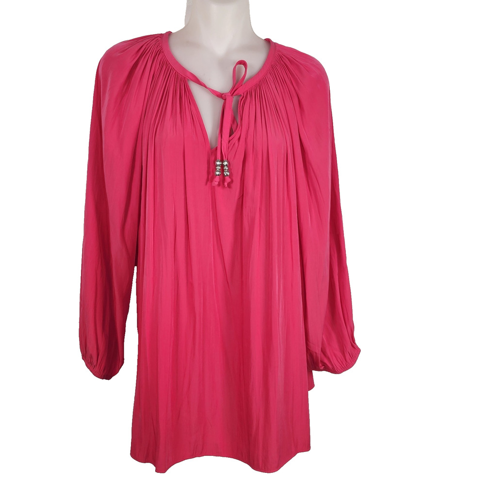 Chicos Womens Shirred Tie Neck Raglan Sleeve Blouse Size 3 US 16 Pink Tasseled